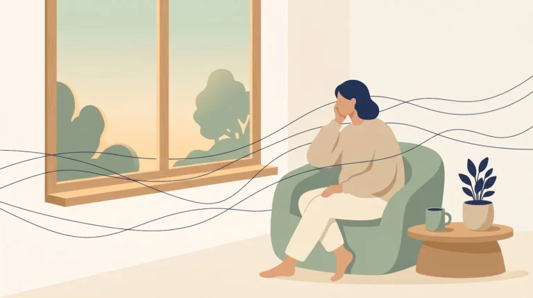 Ilustracja kobiety przy oknie z falującymi liniami niepokoju – ciągły lęk
