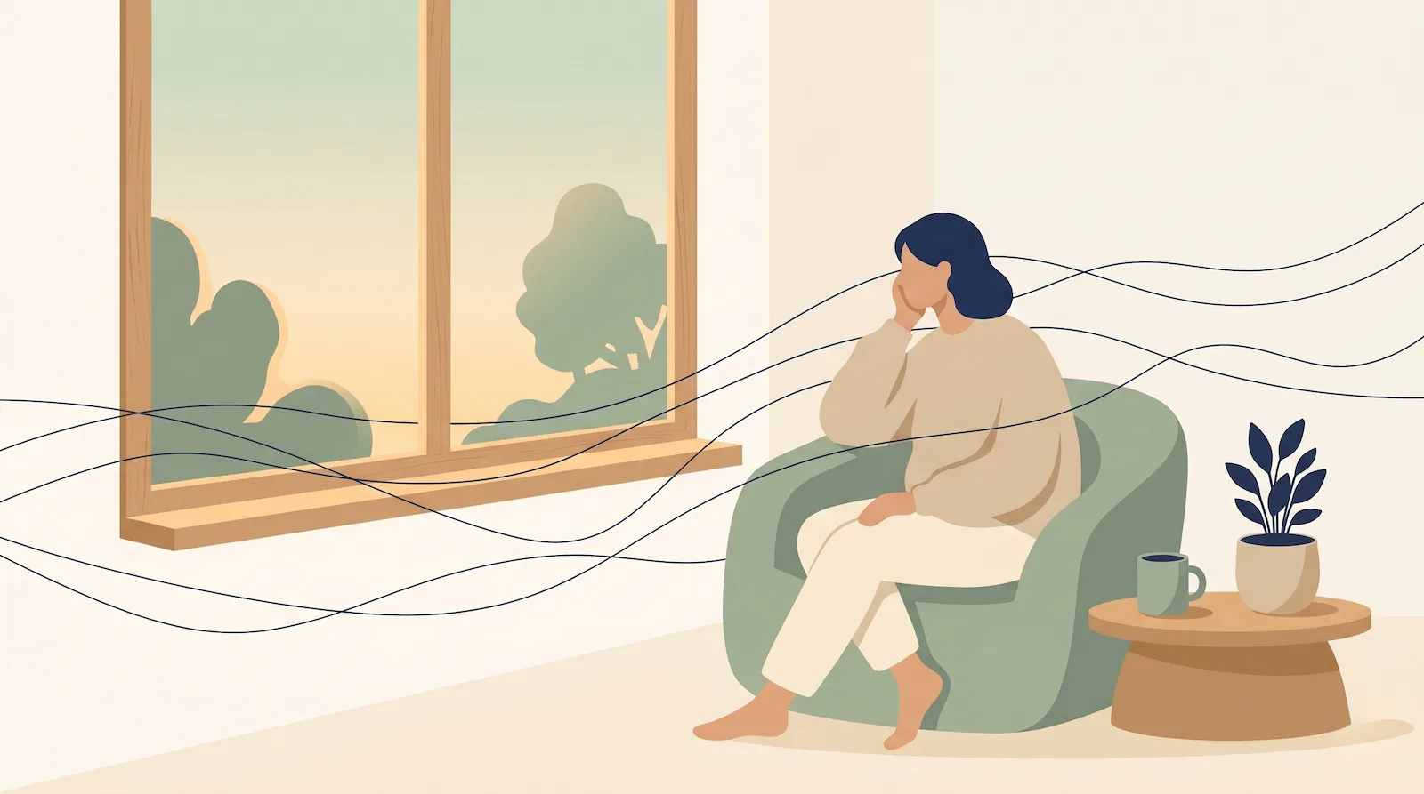 Ilustracja kobiety przy oknie z falującymi liniami niepokoju – ciągły lęk