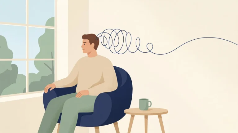 Ilustracja mężczyzny przy oknie ze spiralą myśli, która się rozplata – nadmierne zamartwianie