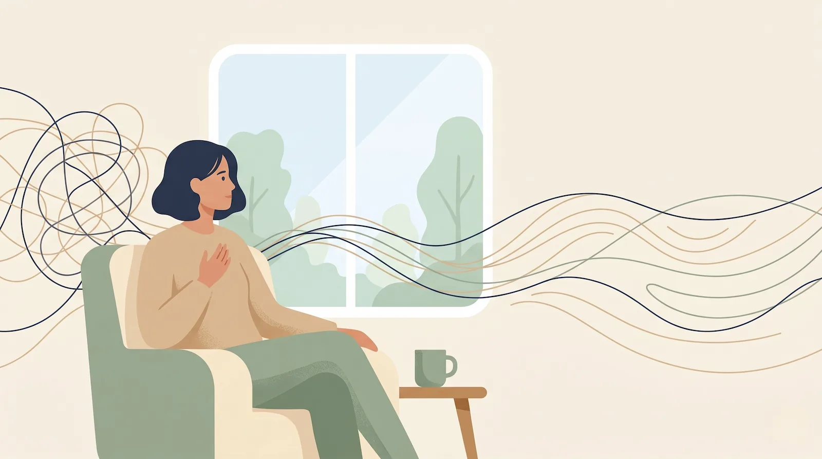 Ilustracja kobiety przy oknie wśród uspokajających się myśli – nerwica